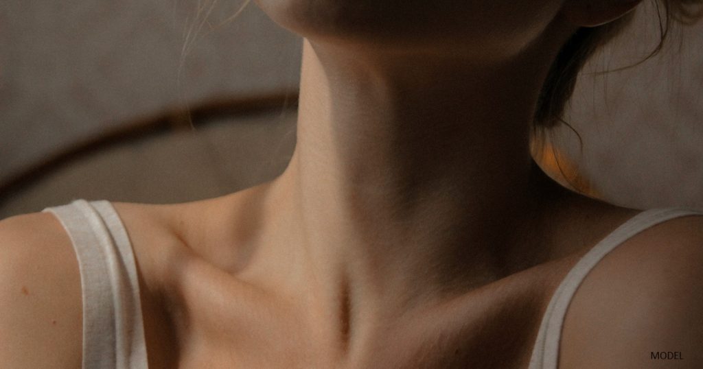 Closeup of a woman's neck and shoulders